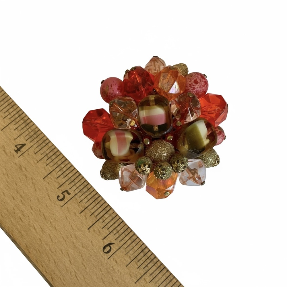 Vintage Signed West Germany Beaded Brooch Glass Lucite Plastic Metal - Picture 2 of 4